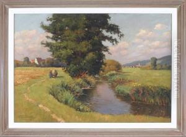 Bauerin Mit Heuwagen Am Bachlauf Vor Einem Kirchdorf Oil Painting by Franz Frankl