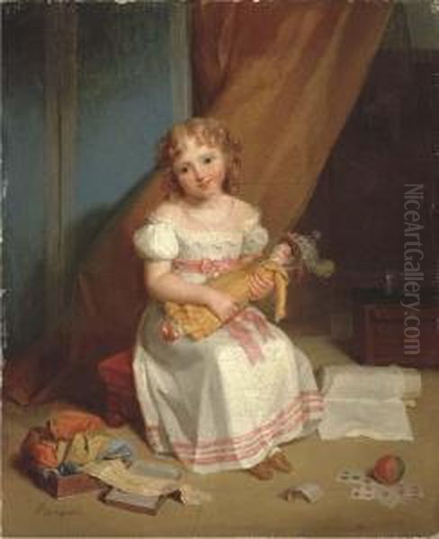 Portrait Of A Young Girl, 
Full-length, In A Nursery Holding A Doll With Cards, A Ball, And Ribbons Oil Painting by Jean Augustin Franquelin