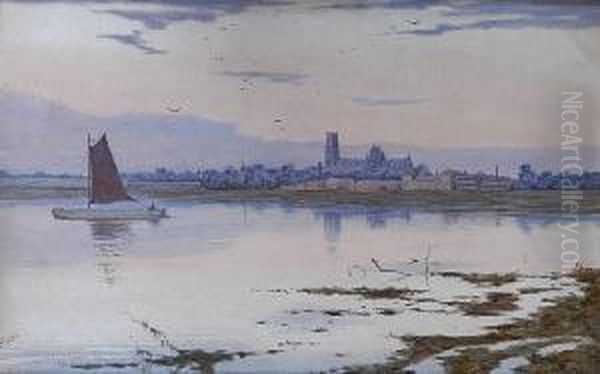 A Vessel On The Ouse Before Ely Cathedral Oil Painting by Arthur Anderson Fraser