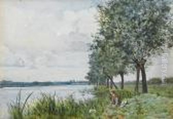 A Young Boy Fishing By A River Oil Painting by William Fraser Garden