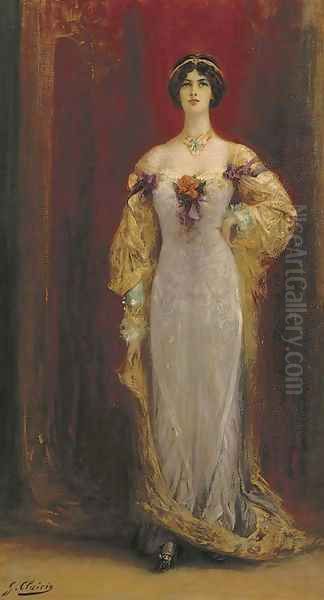 Portrait of Cleo de Merode (1874-1965), small full-length, in a lilac and yellow dress Oil Painting by Georges Jules Victor Clairin