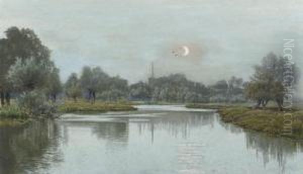 Two Views Of The River Ouse In 
Huntingdonshire: One With The Church Of Hemingford Abbots In The 
Distance (illustrated); One Seen From The Village Of Holywell Oil Painting by William Fraser Garden