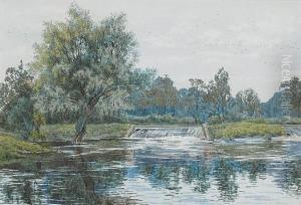 A Weir On The Ouse Near Hemingford Grey Oil Painting by William Fraser Garden