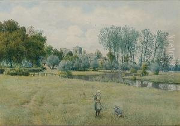 Children Playing In Watermeadows Oil Painting by William Fraser Garden