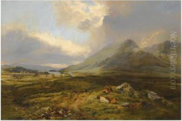 Figures And Cattle Resting Beside Loch Awe Oil Painting by Alexander Jnr. Fraser