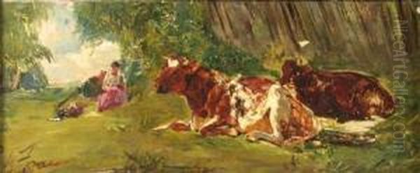 The Cow Herder, Mid-day Rest Oil Painting by Alexander Jnr. Fraser