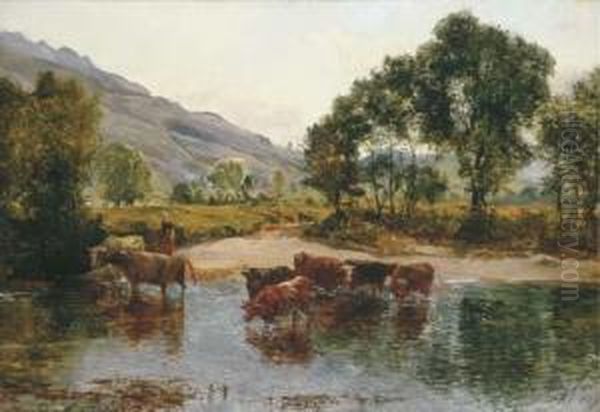 River Landscape With Cattle At A Ford Oil Painting by Alexander Jnr. Fraser