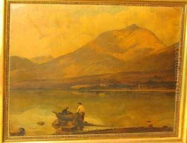 Loch Landscape With Figures In A Rowing Boat Oil Painting by Alexander Jnr. Fraser