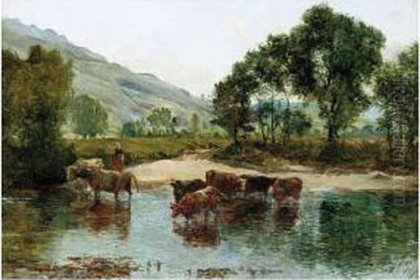 Cattle At A Ford Oil Painting by Alexander Jnr. Fraser