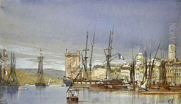 Marseilles, Shipping at Anchor and a Merchant Ship Becalmed, 1836 Oil Painting by William Callow