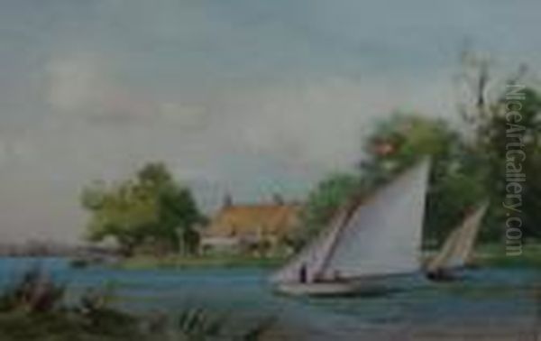 Figures Sailing On A Norfolk Broad Oil Painting by John Fraser