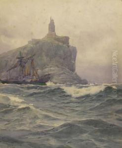 A Sailing Ship In Distress Off A Lighthouse Oil Painting by John Fraser