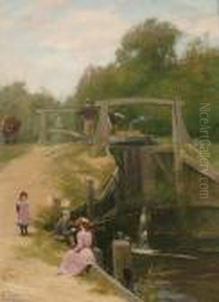 Figures Fishing By A Canal Lock Oil Painting by John Fraser