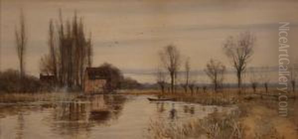 View Of A River With Figure In A Punt Near A Mill Oil Painting by Robert Winter Fraser