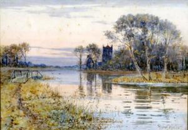 British River View, With Church In The Distance Watercolour Signed 26 X 37 Cms Oil Painting by Robert Winter Fraser