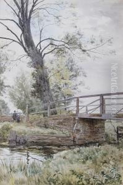 Children By A Wooden Bridge 'r. W. Fraser' Oil Painting by Robert Winter Fraser