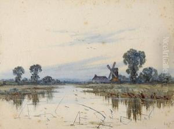 Windmill On The Fens Oil Painting by Robert Winter Fraser