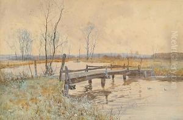 A Bridge Over The Fens Oil Painting by Robert Winter Fraser