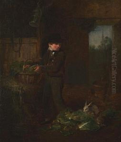 Boy Feeding Rabbits Oil Painting by Alexander Snr Fraser