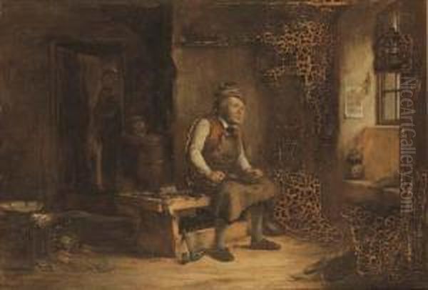 A Cobbler In An Interior, Looking At A Bird In A Cage Oil Painting by Alexander Snr Fraser