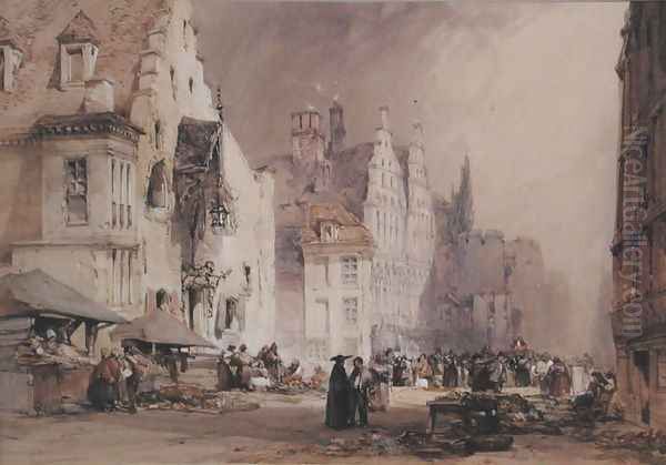 A Street Market in Ghen Oil Painting by William Callow