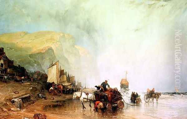 Coastal Scene, Fishermen unloading their Catch Oil Painting by William Callow