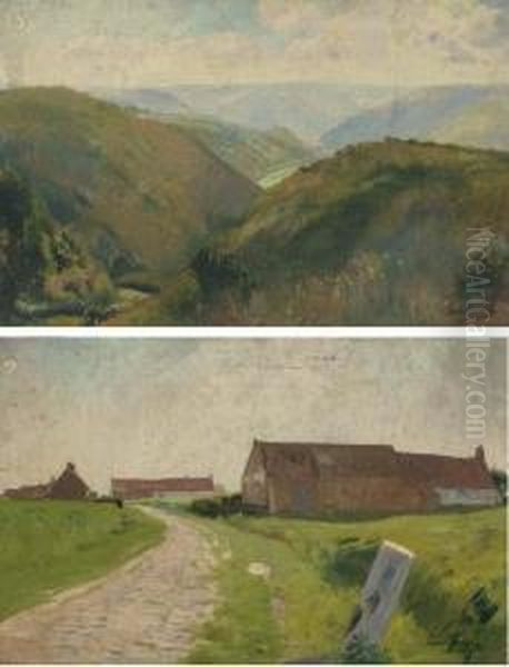 Landscape With A Roadway And Farm Buildings; And A Mountainlandscape Oil Painting by Leon Henri Marie Frederic