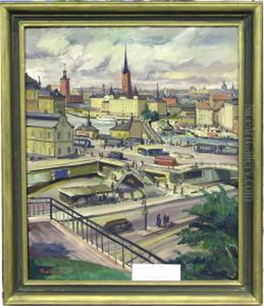 Utsikt Over Slussen. Oil Painting by Carl Einar, Figge Fredriksson