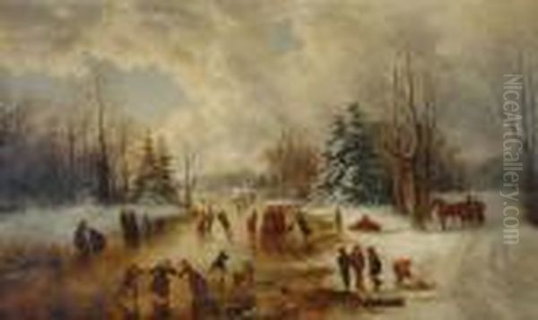 Winter Landscape With Skaters Oil Painting by William Frefichs