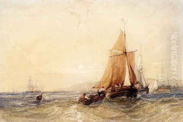 Fishing Boats Off The Coast At Sunset Oil Painting by William Callow