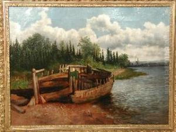 Lakeside Landscape W/old Wooden Boat Oil Painting by William Frefichs