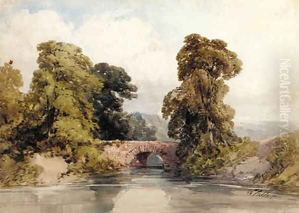 A river landscape with a bridge Oil Painting by William Callow