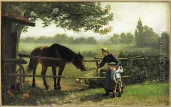 Young Girl Feeding A Horse Oil Painting by Edouard Frere