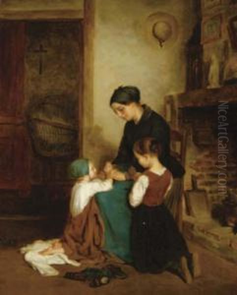 A Mother And Her Two Children Saying Their Prayers Oil Painting by Edouard Frere