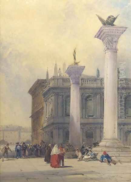 Venetian figures gathered around the columns at San Marco square, Venice Oil Painting by William Callow