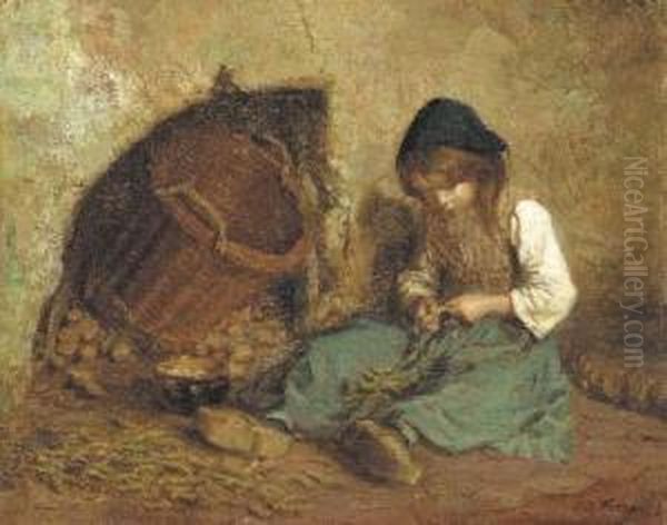 Stringing Beans Oil Painting by Edouard Frere