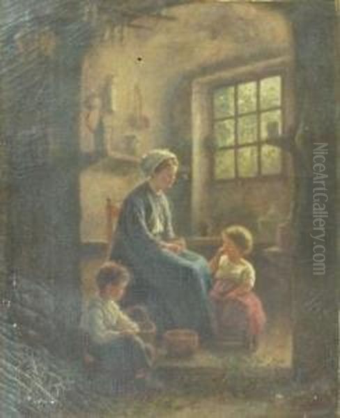 Mother And Children In Cottage Interior Oil Painting by Edouard Frere