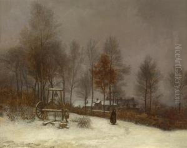 Winter Scene In Theforest Of Fontainebleau Oil Painting by Edouard Frere