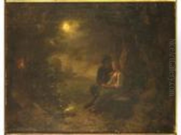 Couple D'amoureux Bretons Au Clair De Lune Dans Un Paysage Boise En Bord De Mer Oil Painting by Edouard Frere