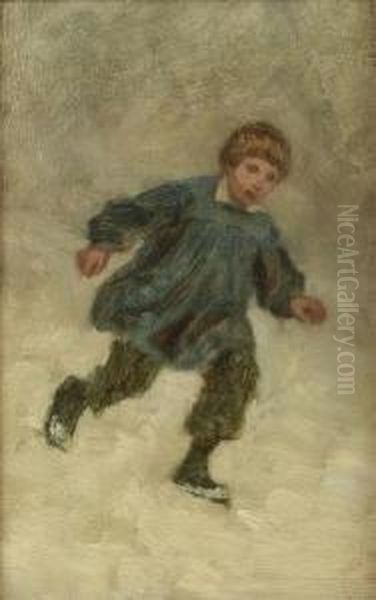 Young Boy Running In The Snow Oil Painting by Edouard Frere