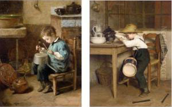 Les Petits Tambours: A Pair Of Paintings Oil Painting by Edouard Frere