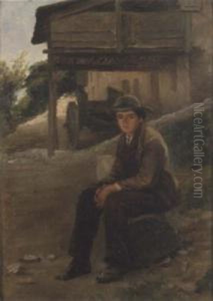 A Young Boy Seated Beside A Barn Oil Painting by Edouard Frere