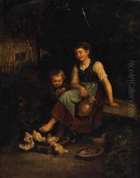 A Mother And Child In A Farmyard With Ducks Oil Painting by Edouard Frere