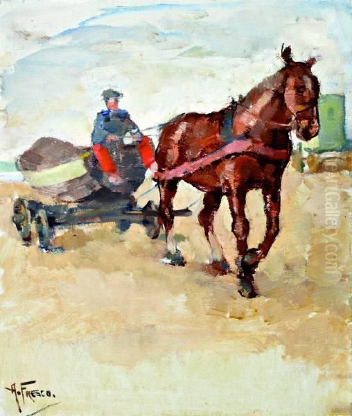 Strandscene Met Paard Voor Kar Met Vissersboot En Badkoets Oil Painting by Abraham Fresco