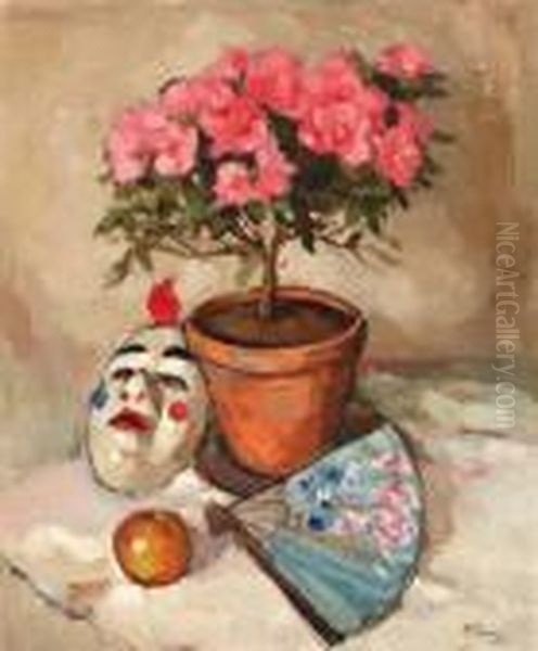 Stilleven Met Waaier, Masker En Begonia Oil Painting by Abraham Fresco