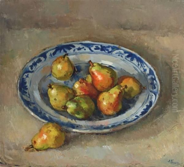 Peren Op Blauw Witte Schaal Oil Painting by Abraham Fresco