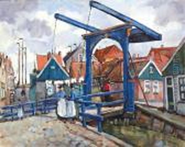 Vissers Bij Blauwe Ophaalbrug In Volendam by Abraham Fresco