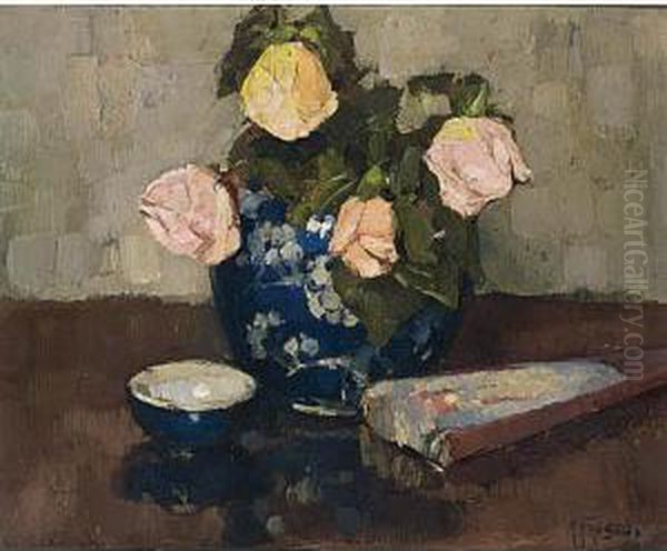 Roses In A Gingerjar And A Fan Oil Painting by Abraham Fresco