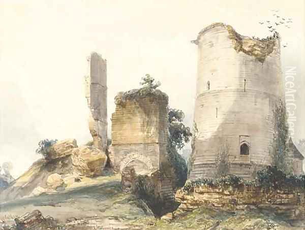 A ruined tower at Lillebonne Oil Painting by William Callow