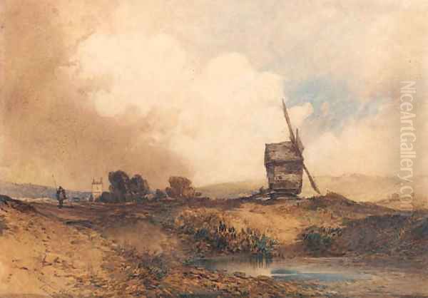 A windmill in a hilly landscape with a church beyond Oil Painting by William Callow